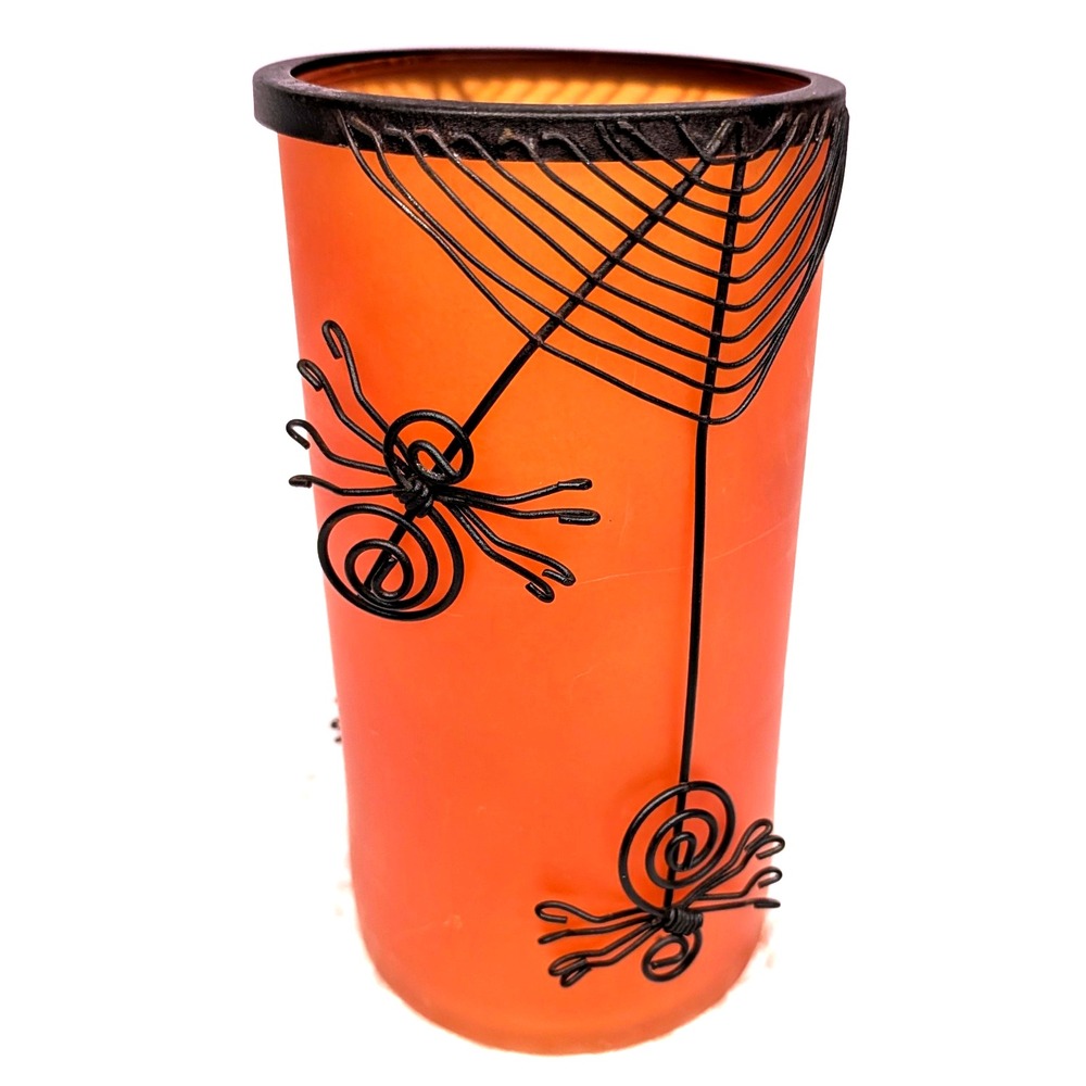 Y2K Halloween Wire & Frosted Glass Candle Holder Orange & Black Spiders & Web